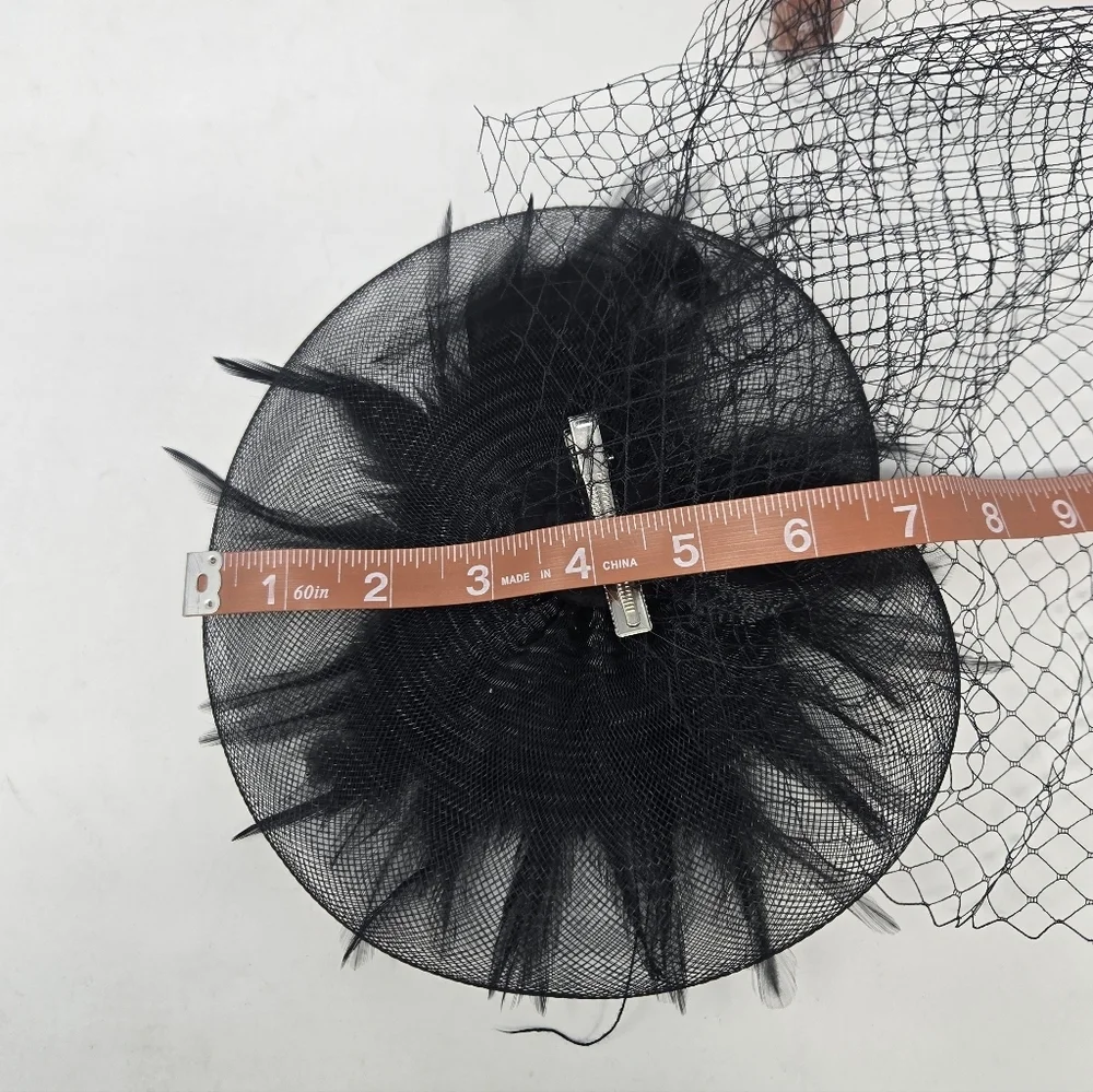 HANDMADE VINTAGE BLACK TULLE FEATHERS CLIP ON FASCINTOR HAIR ACCESSORY VEIL